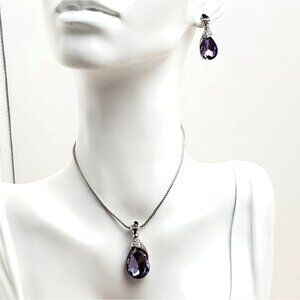Amethyst Color Faceted Rhinestone Silver Statement Post Earring Necklace Set